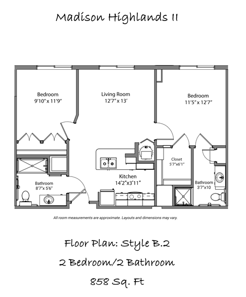 A floor plan for a 2 bedroom/2 bathroom apartment at Madison Highlands affordable Senior Apartments.
